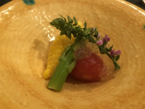 0季節野菜の冷菜（魚介風味のジュレ）※アミューズ